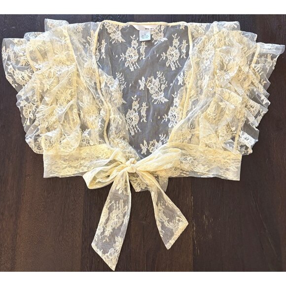 VTG Lace Coquette Flutter Ruffled Sleeves Shear Floral Shrug Jacket Tie Closure - Picture 3 of 4